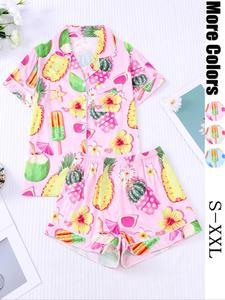 Women's Pineapple Print Top  &   Shorts Pyjama Two-piece Set, Casual Comfy  Top & Shorts Pj Set, Ladies Sleepwear for All Seasons, Loungewear
