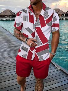 2 Pieces Men's Geometric Print Co-ord Set, Casual Button Front Shirt & Drawstring Waist Shorts Set, Summer Clothes, Fashion Men Two-piece Outfits for Summer