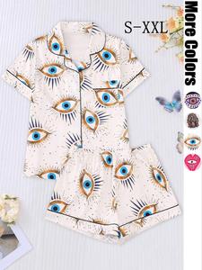 Two-piece Set Women's All Over Print Shirt & Elastic Waist Shorts Pajama, Casual Comfy Shortsleeve Top & Shorts Pj Set, Ladies Sleepwear for All Seasons, Matching Pajamas, Loungewear, Homewear, Summer Pajamas Set, Lounge Clothes