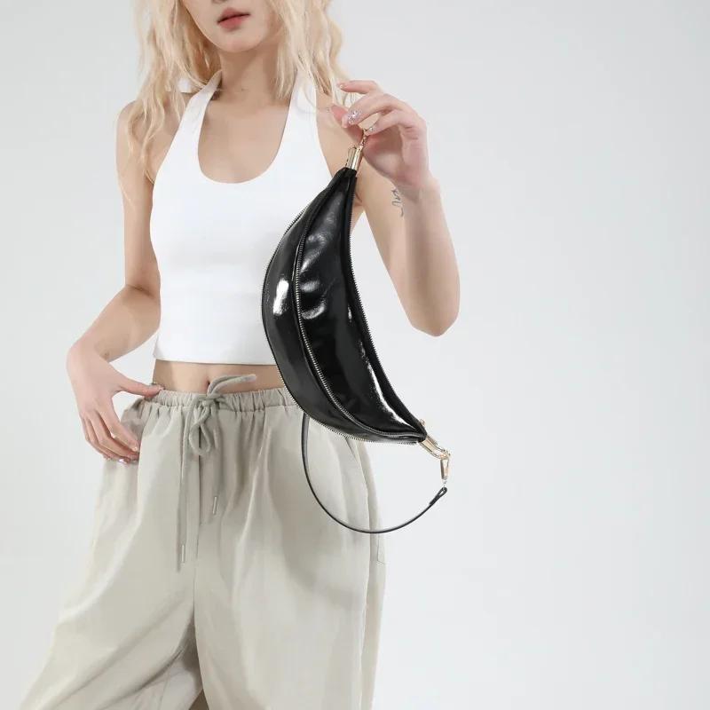 Motorcycle Style Y2K Spicy Girl Crossbody Bags New Zipper PU Shiny Banana Shoulder Bag Fashionable Trend Personalized Chest Bag 1