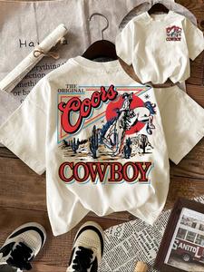 Women's Vintage Cowboy & Letter Print Round Neck Tee, Casual Short Sleeve T-shirt for Daily Wear, Ladies Summer Outfit, Fashion Top