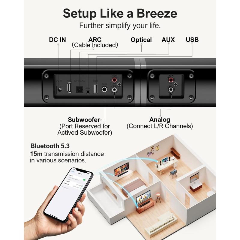 ULTIMEA 2.2ch Sound Bars for TV, Peak Power 100W, 2-in-1 Detachable Bluetooth 5.3 Soundbar for TV, 3 EQ Modes, Bass Adjustable for TV Speakers, ARC/Optical/Aux/Wall Mount, Apollo S40 Detachable Series 6