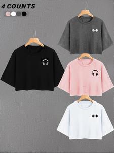 Unisex's Headphone Print Round Neck Tee, Casual Short Sleeve Crewneck Tshirt for Daily Wear, Ladies Clothes for All Seasons