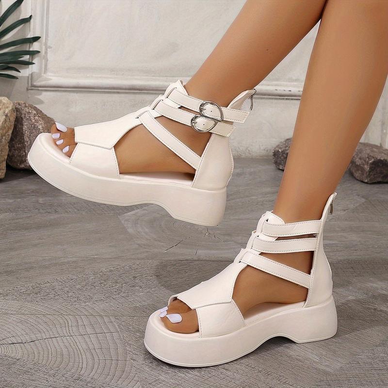 Product Introduction of Women'S White Platform Wedge Sandals - Large Size, Open Toe, Zipper Closure, Faux Cover, Comfortable Chunky Heel for Casual Wear, Casual Wear Sandals|Wide Platform Heels|Synthetic Cover Sandals, Chunky Heel Sandals 3