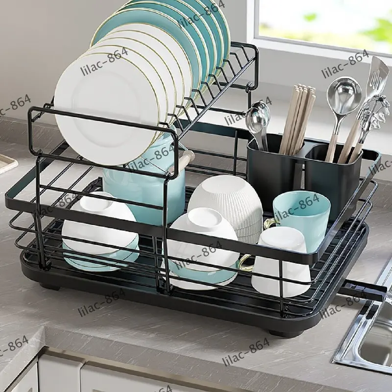 UK Large Kitchen Sink Dish Drainer Rack with Drip Tray and Plate Cutlery Holder 6