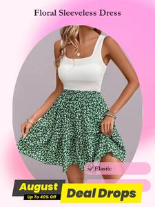 Women's Ditsy Floral Print Tank Fitted Dress, Casual Sleeveless A Line Dress for Summer Beach Holiday Vacation, Ladies Clothes for All Seasons, Bohemian Womenswear, Boho Clothes Women, Sleeveless Sundress, Feminine Stretchy Casual Dresses