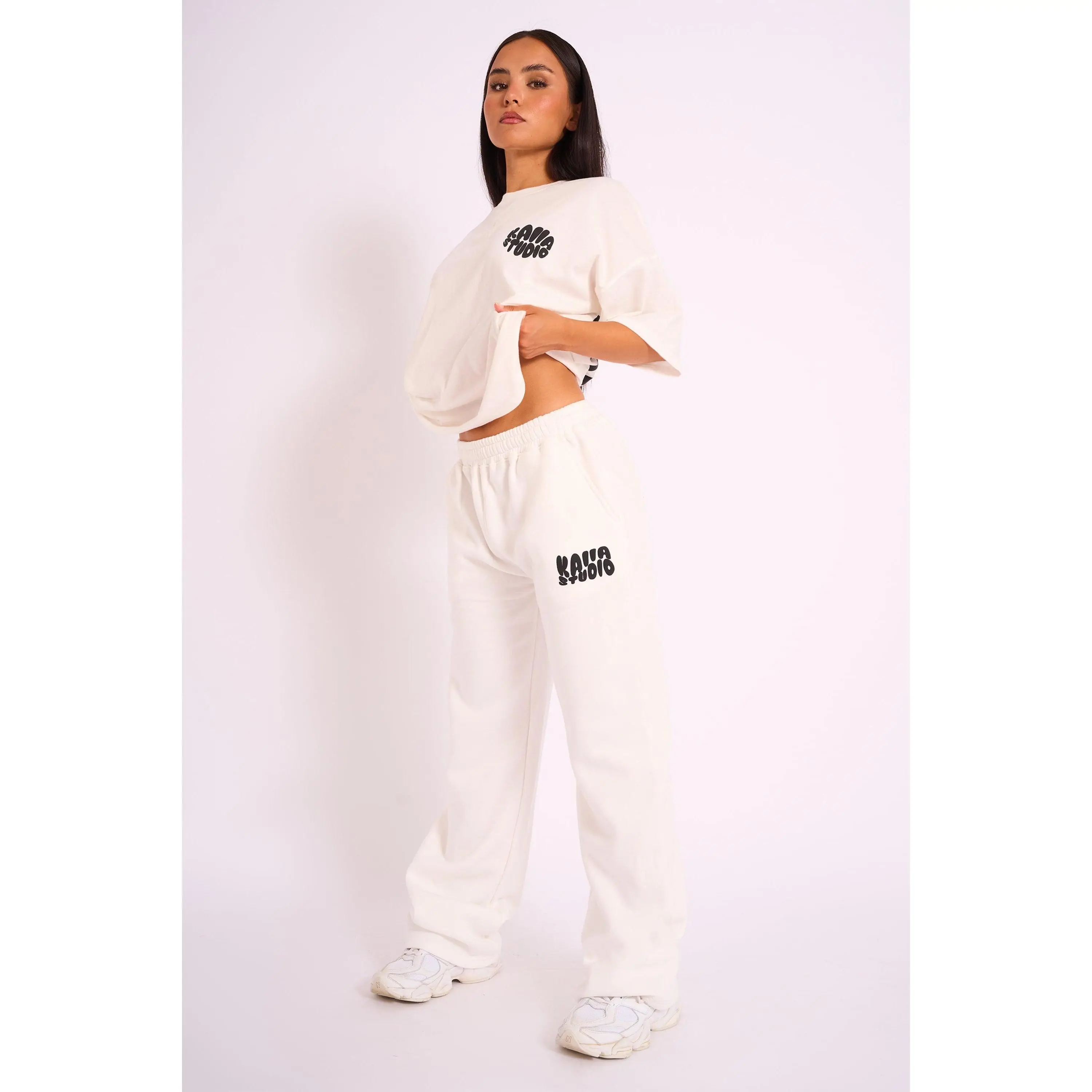 Kaiia Studio Bubble Logo Wide Leg Jogger White & Black