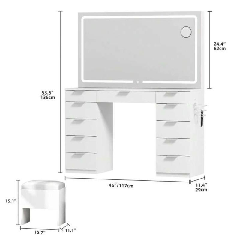 YITAHOME 46" Makeup Vanity with 11 Drawers, Makeup Desk Chair Set with LED Mirror and Power Outlet, 3 Lighting Color Adjustable 3