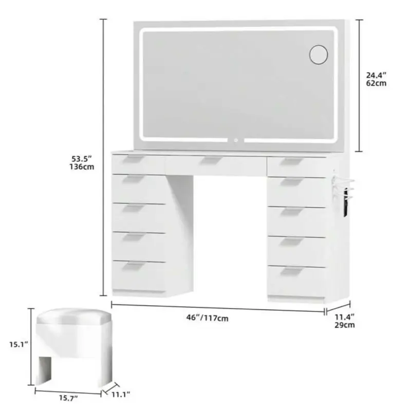 YITAHOME 46" Makeup Vanity with 11 Drawers, Makeup Desk Chair Set with LED Mirror and Power Outlet, 3 Lighting Color Adjustable 3