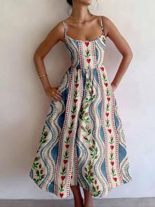 Women's Patchwork Print Cami Dress, Fashion Casual Spaghetti Strap Dress for Beach Holiday Vacation, Ladies Dress for Summer, Bohemian Womenswear