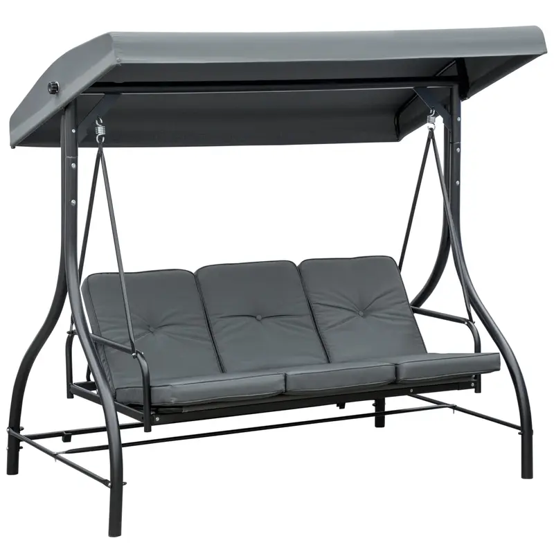3 Seater Canopy Swing Chair, 2 in 1 Garden Swing Seat Bed, with Adjustable Canopy and Metal Frame, Dark Grey 1