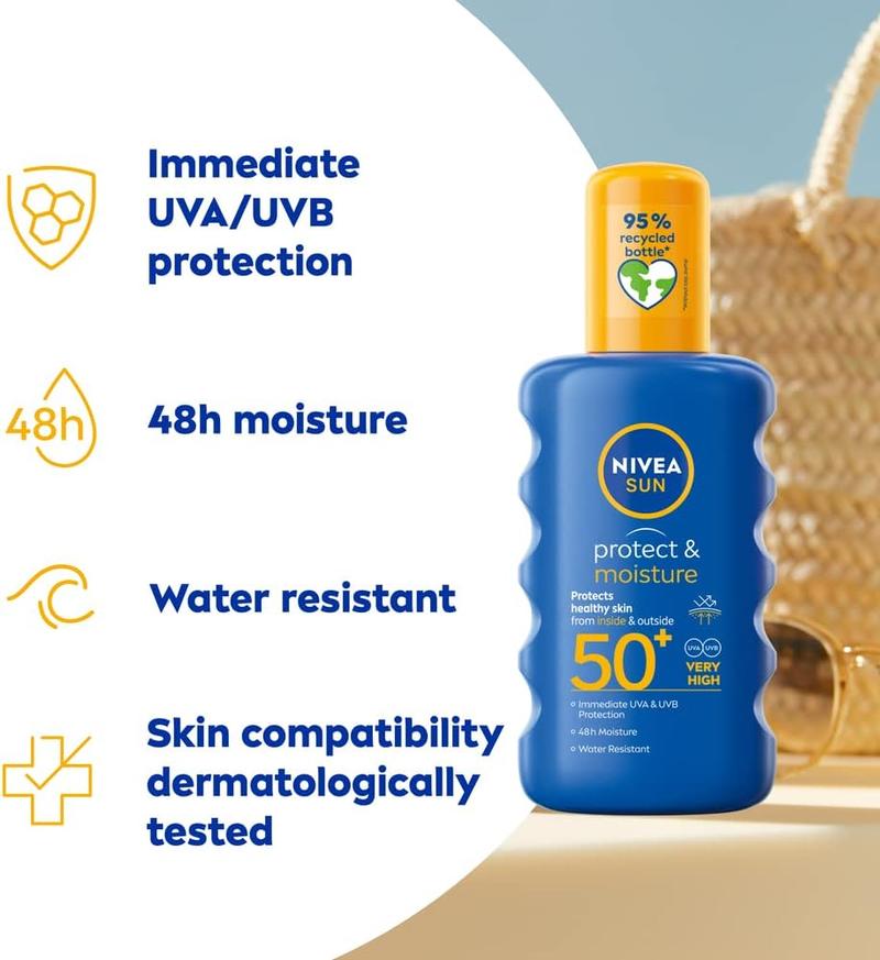 Product Introduction of NIVEA SUN Protect & Moisture Sun Spray SPF 50+ (200ml), Moisturising Suncream Spray with Vitamin C and Hyaluron, Immediate UVA/UVB Protection, Fast-Absorbing No White Cast Formula Body Care Sunscreen 8
