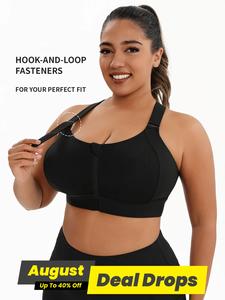 【Plus Size】 Criss Cross Zipper Front Sports Bra, Solid Adjustable Strap Wireless Sports Bra, High Stretch Yoga Bra, Women's Sport & Outdoor Clothing for Indoor Outdoor Wear, Strappy Workout Bra, Running Workout Bras