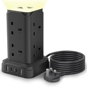 3250W 13A Surge Protector Extension Cable, USB C Fast Charger, Night Light Socket with 4 USB Ports & 8 Outlets, 110V-250V Surge Protect Extension Cable with 2M Cable, Safety Devices, Surge Protection