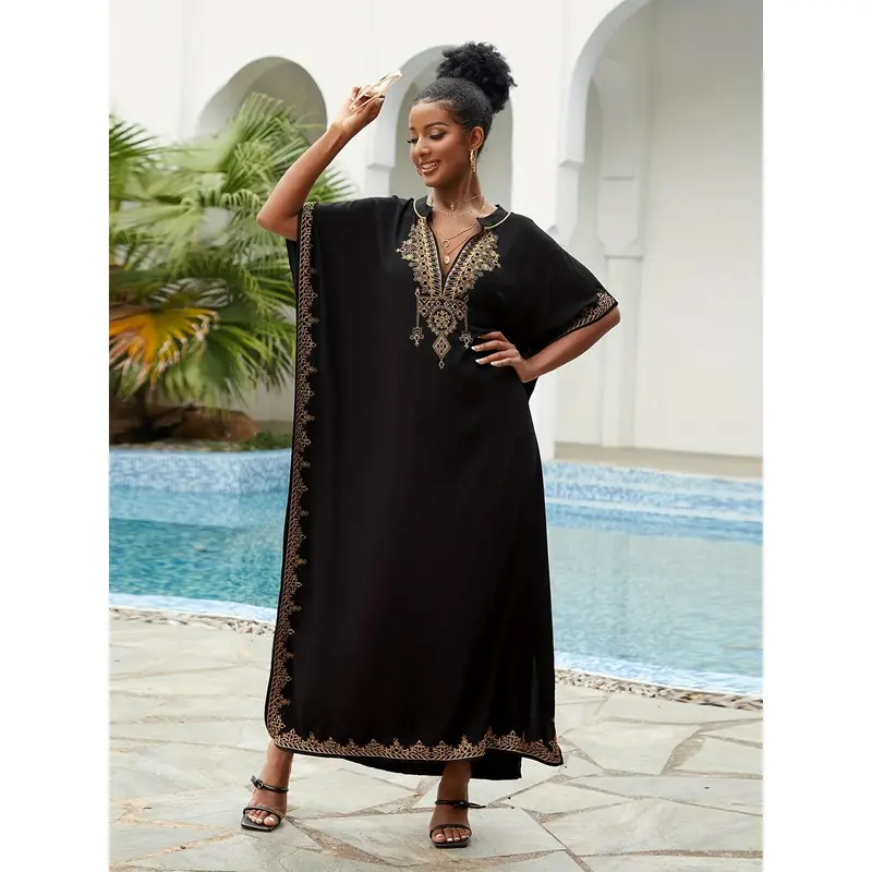 Ramadan Plus Size Boho Kaftan Dress, Women's Plus Golden Embroidered Bat Sleeve Notched Neck Maxi Cover Up Dress 7