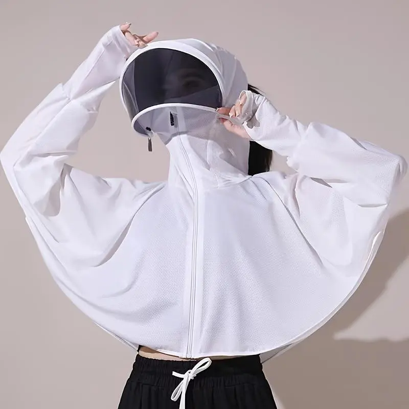 Women's Lightweight Breathable Sun Protection Jacket with Hood - Summer 2024 Collection, Ice Silky Fiber Fabric, Elastic Fit, White, UV Shield for Outdoor Activities & Cycling, Sun Protection Clothing 0