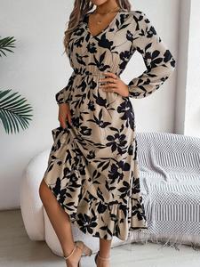 Women's Floral Print Ruffle Hem A Line Dress, Elegant Bishop Sleeve V Neck Long Dress for Spring & Fall, Women's Clothing for Daily Wear,  Ditsy Floral Dress