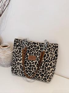Leopard Pattern Canvas Tote Bag, Large Capacity Letters Patched Shoulder Bag for Women, Casual Trendy Versatile High-quality Daily Commuting Bag, Girl Fashionable Bag