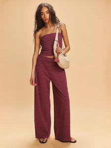 Women's Striped Print Crop Tube Top & Wide Leg Pants Set, Street Fashion Casual Sleeveless Cute Two Piece Sets for Daily Wear, Ladies Summer Clothes, Womenswear, Casual Matching Set, Cute Summer Outfit