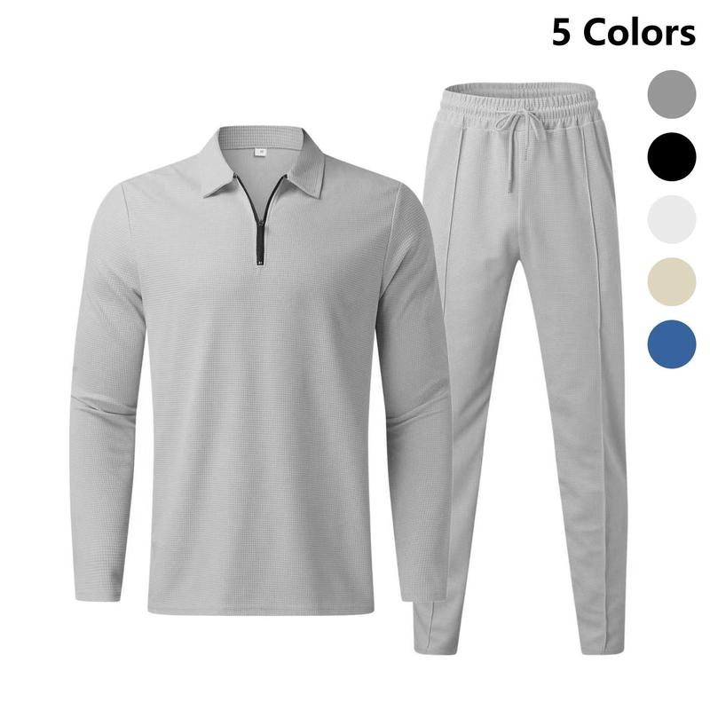 Product Introduction of Men's Solid Zipper Polo Shirt & Drawstring Waist Pants Set, Regular Fit Casual Long Sleeve Collared Top & Trousers, Men's Spring & Fall Clothes. Regular Fit Casual Long Sleeve Top & Trousers, Men's Clothes for Daily Wear, Polo Tracksuits Men. 2025 Trendy 4