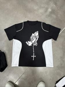 Men's Regular Fit Patchwork Striped & Cross Print Short Sleeve Tee, Casual Comfy Round Neck T-shirt for Summer, Fashion Men's Top for Daily Wear, Tropical