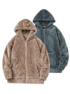 Men's Solid Color Fluffy Hoodie, Casual Loose Long Sleeve Zip Up Hooded Sweatshirt for Fall & Winter, Men's Clothes for Daily Wear