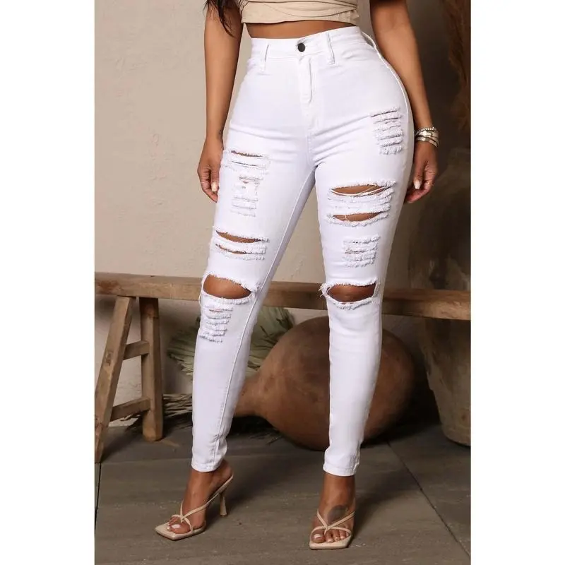 2025 Summer New Fashion Trend Cool Casual  Street Black and White Elastic Ripped Jeans Women's Pants 4