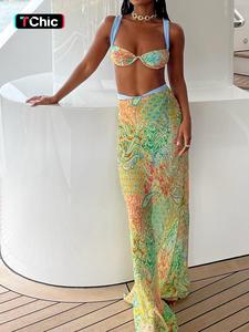 Lady Summer Seaside Vacation Dunhuang Style Print Classical Sexy Hot Cool Women's Skirt Three-piece Set, Womenswear, Sleeveless Matching Sets, Clothes
