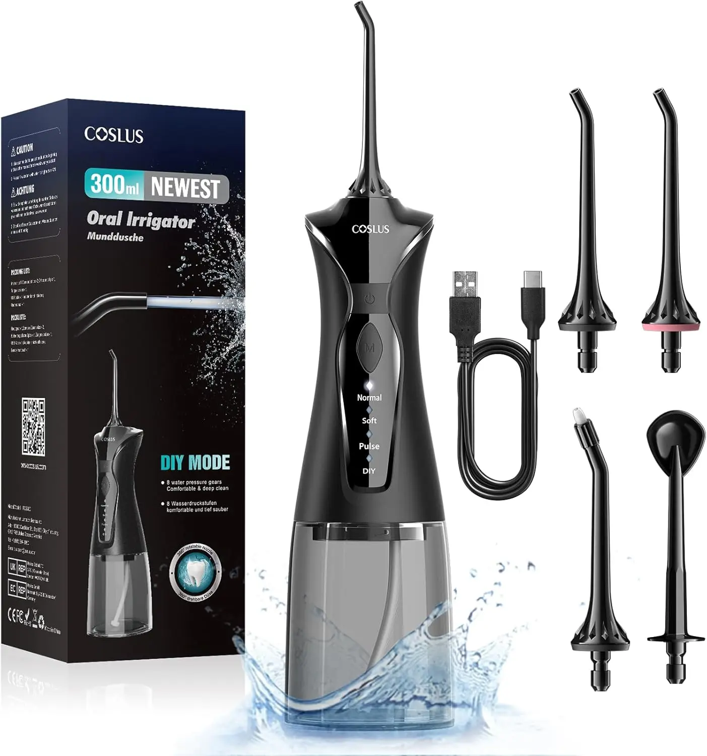 COSLUS Water Teeth Flosser Picks: 4 Modes Cordless Irrigator 300ML Portable Electric Flossing Machinerie for Teeth Cleaning Rechargeable Waterproof Tooth Pick Set Cleaner for Travel Home C30(FC5360)