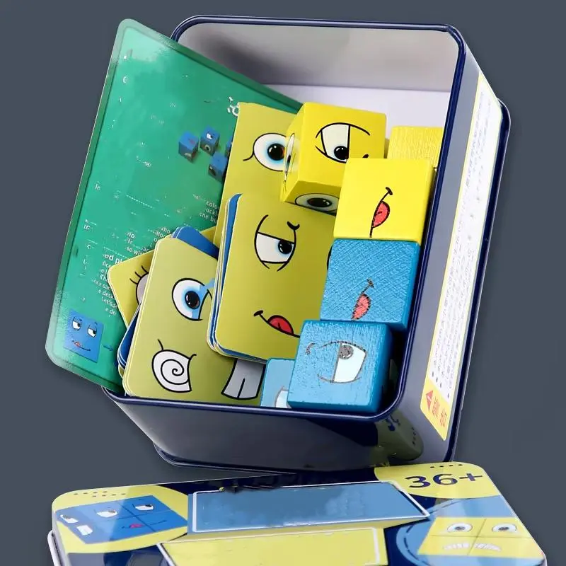 Cube Face Change Building Blocks Board Game Wood Puzzle Montessori Expression Wooden Blocks Blocos For Children Kids Toys Gift 4