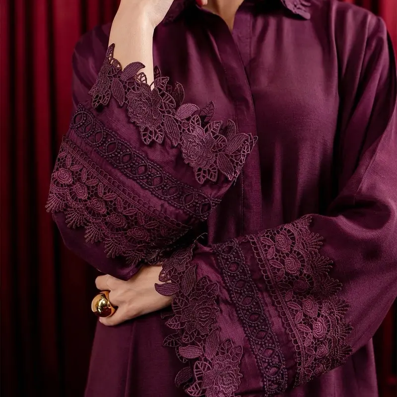 Peach Republic - 3 Piece Dull Raw Silk Dress with Cutwork, Lace and Organza Dupatta in Deep Plum Womenswear 7