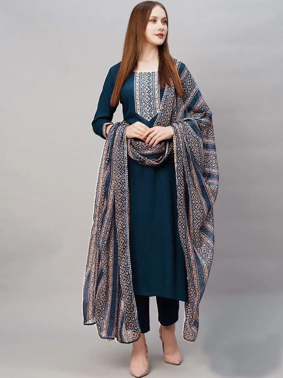 Premium 14kg Heavy Reyon Printed Suit Set with Georgette Dupatta Casual Clothes Elegance Elegant Ethnic Fabric Floral Kurta Light Outfit Pants Sleeves Square Neck Womenswear Traditional Women Straight Top Asian
