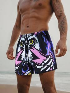 Men's Regular Fit Skull Print Boxer Brief Swim Shorts, Casual Comfy Breathable Swim Shorts for Summer, Men's Swimwear for Beach Swimming