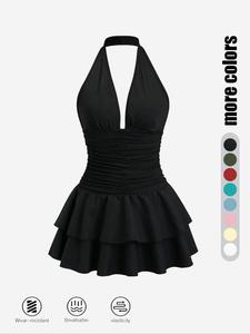 Women's Solid Ruched Halter Neck Dress, Chic Elegant Casual Sleeveless Short Dress for Daily Outdoor Wear, Ladies Clothes for Summer