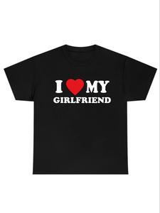 Men's Slogan & Heart Print Round Neck Tee, Summer Clothes Regular Fit "I Love My GF" Print Crew Neck Short Sleeve T-Shirt for Daily Outdoor Wear, Casual Comfy Knitting Top for Summer
