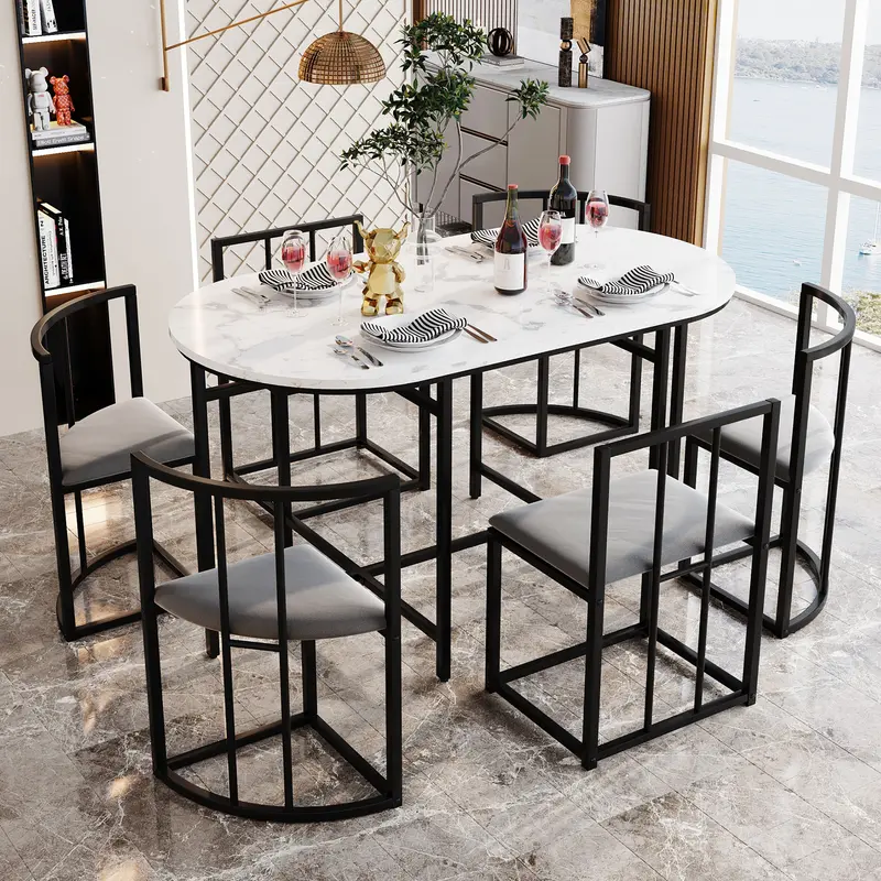 Six-chair dining table set: (White table, chairs with backrests and gray cushions, black iron frame), dining room table and chair set, modern dining table combination 0