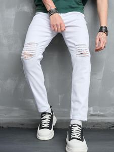 Men's Solid Ripped Design Jeans, Casual Comfy Breathable Denim Pants for Daily Wear, Fashion Men's Bottoms for All Seasons, Cotton