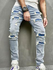 Men's Regular Fit Ripped Skinny Jeans, Fashion Casual Comfy Denim Pants for Daily Outdoor Wear, Men's Bottoms for All Seasons, Cotton, Work Trousers, Ripped Patch Jeans