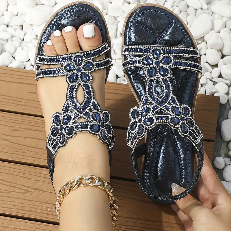 Women's Floral Rhinestone Flat Sandals, Bohemian Open Toe Slip-On Shoes, Casual Summer Beach Slides Footwear Girl 6