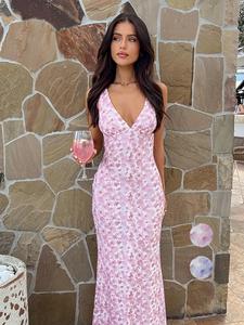 Women's Ditsy Floral Textured Backless Dress, Sexy Elegant Deep V Neck Sleeveless Dress for Casuasl Party Holiday Vacation, Ladies Spring & Summer Clothes, 2025 Easter Trendy,