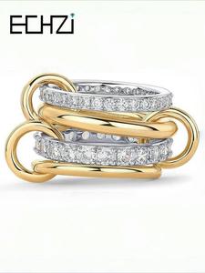 14k Gold Plated Interlocked Stackable Rings for Women, Statement Mixed Metals Multi Ring Stack, Cubic Zirconia Two-toned Connected Bands Stacking Jewelry