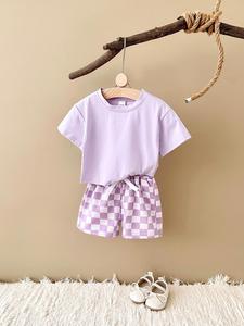 Baby's Solid Short Sleeve Tee & Plaid Print Shorts Two-piece Set, Casual Round Neck T-shirt & Shorts for Daily Wear, Infant Toddler Kids Summer Clothes, Baby Girl Clothes, Clothing, Newborn Gift Set