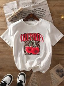 【Plus Size】 Cherries Print Round Neck Tee, Casual Short Sleeve Crew Neck T-shirt for Daily Wear, Women Clothing for All Seasons