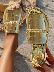 Women's Fashionable Chain Decorated Slides, Casual Comfortable Flat Sandals for Summer, Lightweight Breathable Shoes for Beach Vacation, Footwear