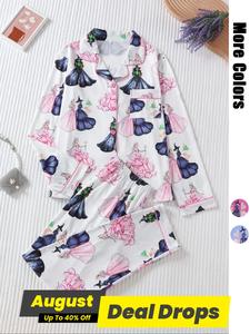 Women's Princess and Witch Print Button Front Longsleeves Shirt & Elastic Waist Pants Pajama, Casual Comfy Lapel Neck Chest Pocket Long Sleeve Top & Trousers Pj Set, Ladies Sleepwear for Spring & Fall, Nightwear Loungewear Set