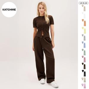 KatchMe Women's Minimalist Solid Color Button-Up Short Sleeve Slim Top & Plicated Wide Leg Trousers Co-ord, Basic Two Piece Outfits, Comfortable Womenswear
