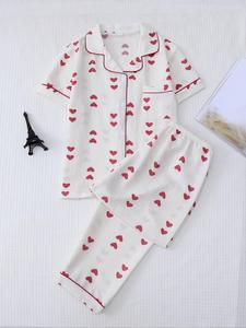 Women's Heart Print Button Front Shirt & Elastic Waist Pants Matching Pajama Set, Comfortable Soft Mean Girls Shortsleeve Lapel Collar Top & Trousers Sleepwear Co-ord Set for Summer Home Wear, Home Womenswear