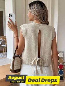 Women's Plain Tie Back Crop Sweater Vest, Casual Minimalist Sleeveless Crewneck Knit Top for Summer, Fashion Women's Knitwear for Daily Wear, Womenswear, Lady Clothes, Adjustable Vest, Sleeveless Clothing