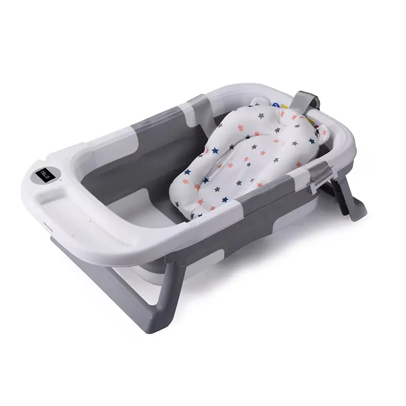 Foldable Baby Bath Tub Ergonomic with Temperature & Cushion Bath Pad + Bath Net 5