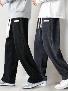 Men's Letter Patched Drawstring Waist Corduroy Pants, Casual Comfy Loose Straight Leg Trousers for Fall & Winter, Men's Bottoms for Daily Wear